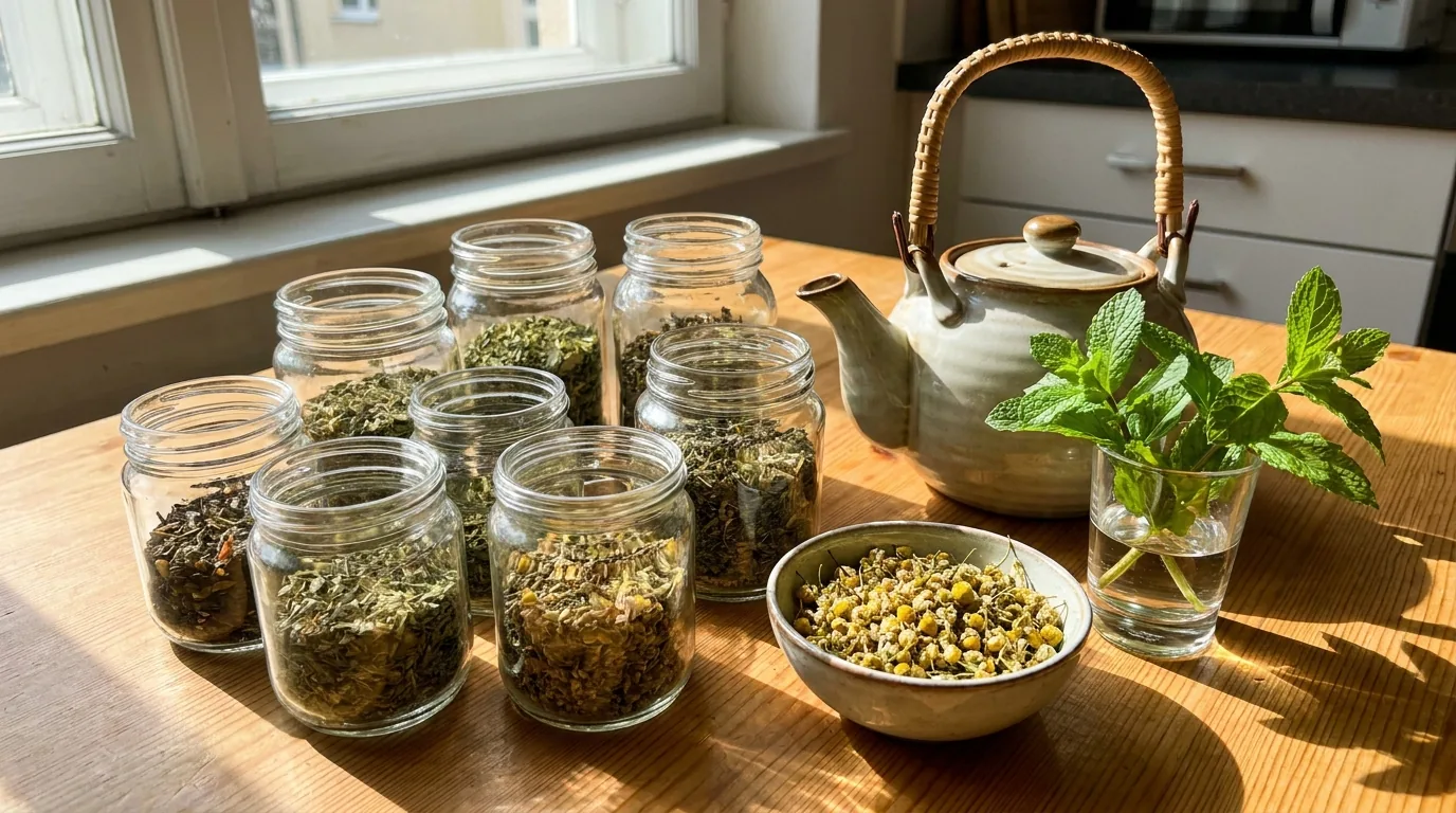Dried herbs, loose-leaf tea and small glass jars on a sunny kitchen table